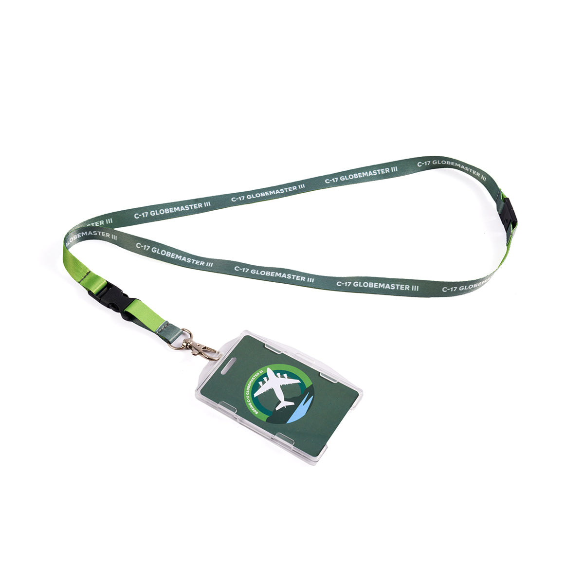 Full product image of the lanyard in  green. Boeing C-17 Globemaster Skyward sublimation print. Full printed PVC card with Boeing C-17 Globemaster Skyward roundel design.
