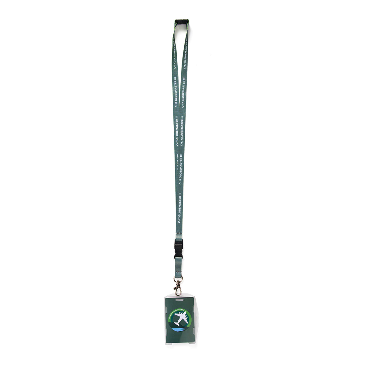 The Boeing C-17 Globemaster Skyward Lanyard is green with COACHGREEN inscribed, attached to a matching cardholder displaying a white symbol. It features a metal clasp and lobster claw clip, standing out against a plain white background.