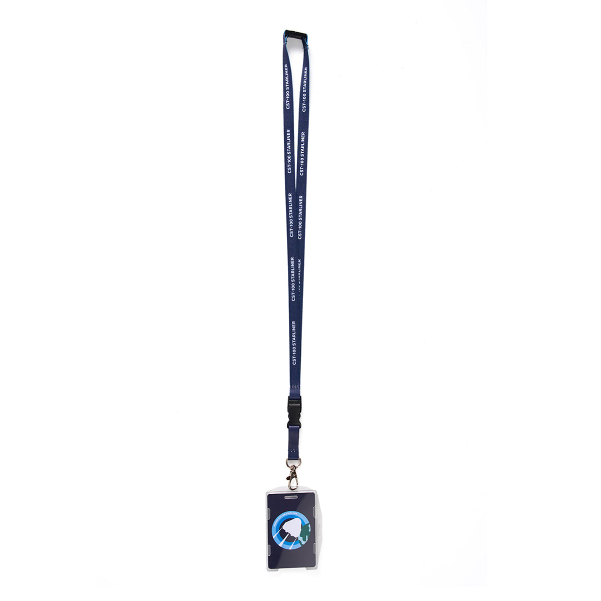 The Boeing CST-100 Starliner Skyward Lanyard from Boeing, featuring GALLERY DEPT. in white on blue, includes a transparent ID card holder and card with a blue-green globe design. A metal clasp adds aerospace-inspired style.