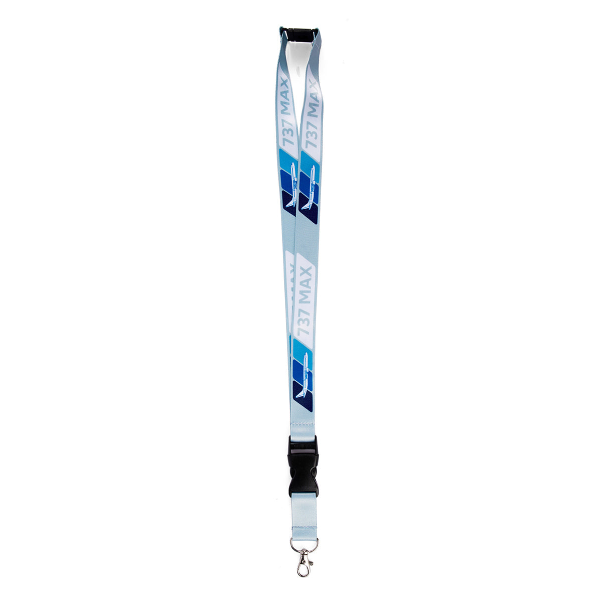 The Boeing 737 MAX Velocity Lanyard by Boeing features a sublimation print with Boeing 737 MAX in bold. It has a secure clasp, clip for IDs or keys, and geometric patterns adding shades of blue flair.