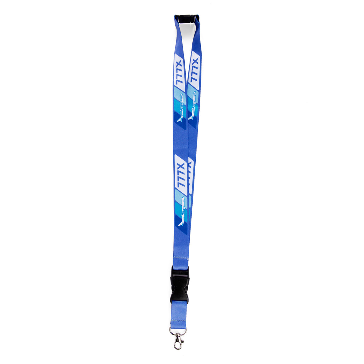 The Boeing 777X Velocity Lanyard is a blue lanyard with XLIX in white and light blue, featuring a hook clip, black buckle attachment, and safety breakaway. Ideal for aviation enthusiasts and inspired by the innovative Boeing 777X design.