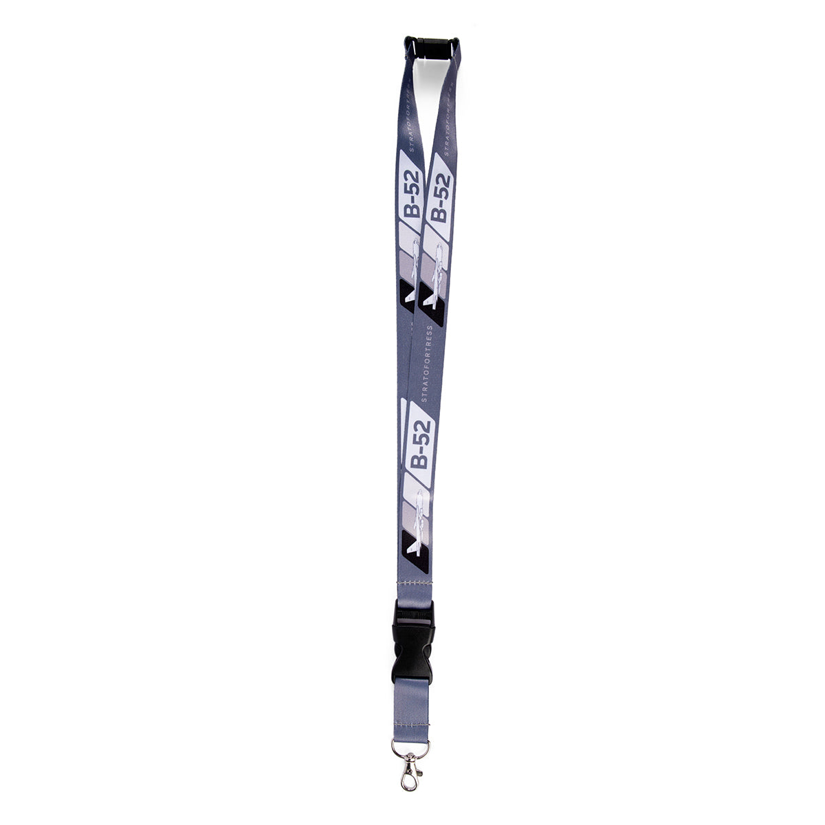 The Boeing B-52 Velocity Lanyard, by Boeing, features a gray design with a metal clip and stunning sublimation print of repeating Boeing B-52 text and airplane images.