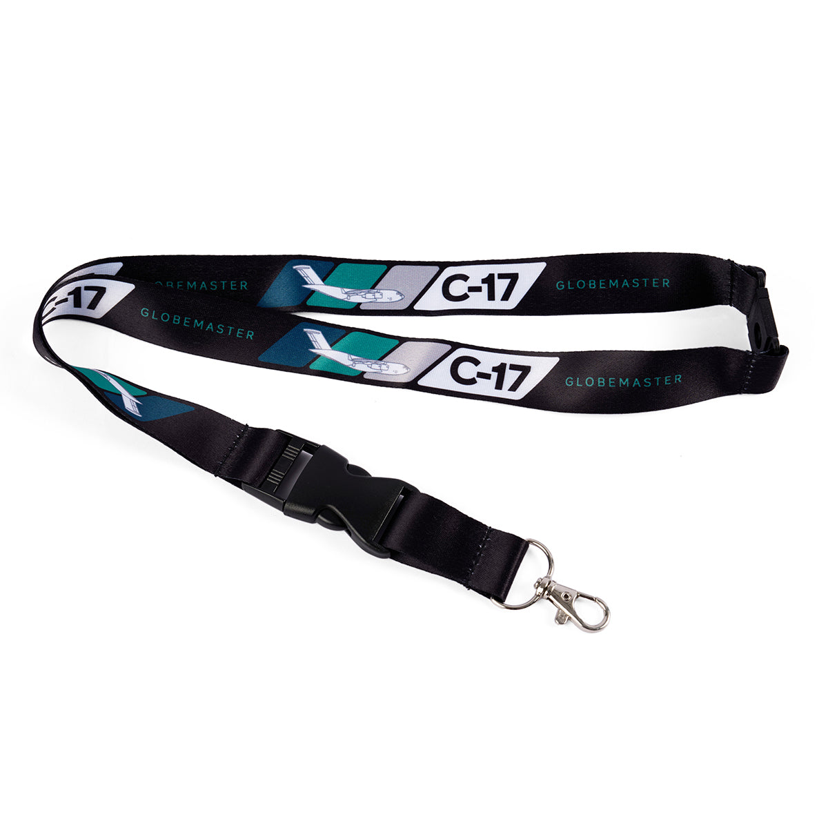 The Boeing C-17 Globemaster Velocity Lanyard from Boeing is black with white and teal sublimation prints. It features the text Boeing C-17 and Globemaster plus a sturdy metal clip for secure attachment.