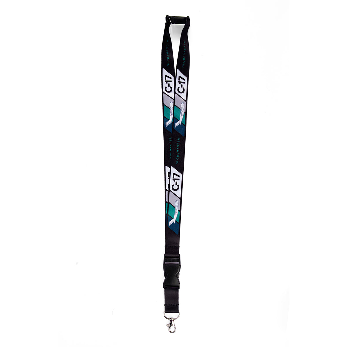 The Boeing C-17 Globemaster Velocity Lanyard, by Boeing, features a black base with a turquoise C17 pattern. Its designed with a clasp and crafted using sublimation print for vibrant detail, inspired by the C-17 Globemaster aircraft.