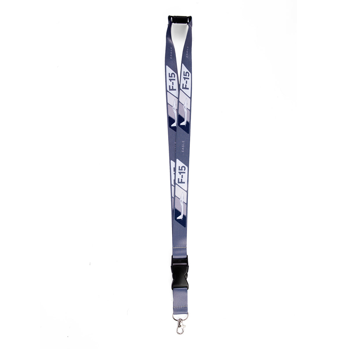 The Boeing F-15 Eagle Velocity Lanyard is black with sublimated white and blue graphics, featuring a metal clip and detachable plastic buckle.
