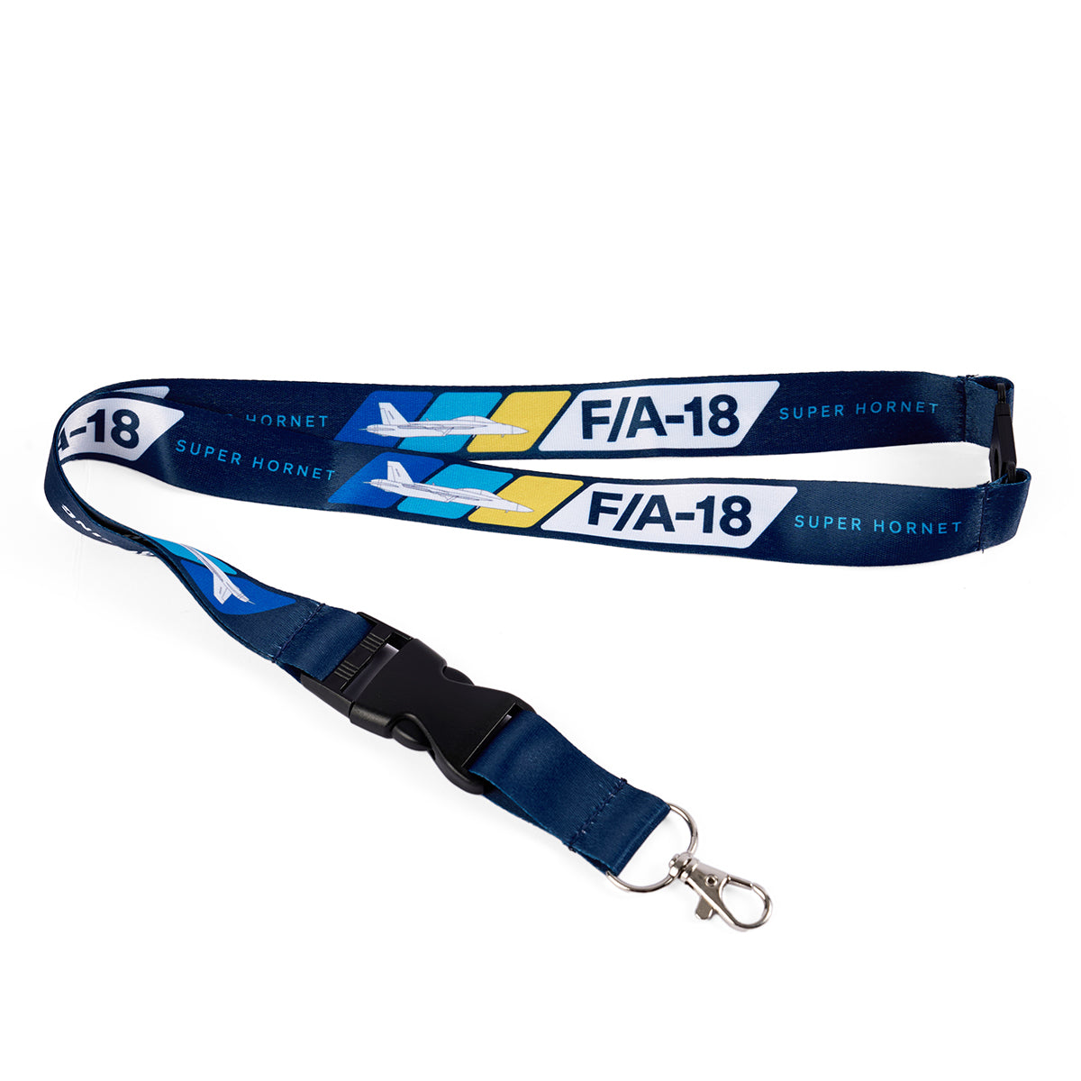The Boeing F/A-18 Super Hornet Velocity Lanyard, in navy blue, features Boeing F/A-18 Super Hornet text with small airplane graphics in white, blue, and yellow. It comes with a detachable buckle and metal clip, making it perfect for aviation enthusiasts.