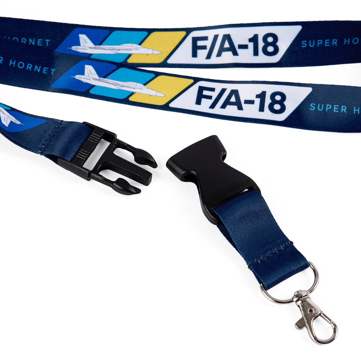 The Boeing F/A-18 Super Hornet Velocity Lanyard by Boeing features a striking F/A-18 design with vibrant aircraft images, a detachable buckle, and a metal swivel hook for easy use.