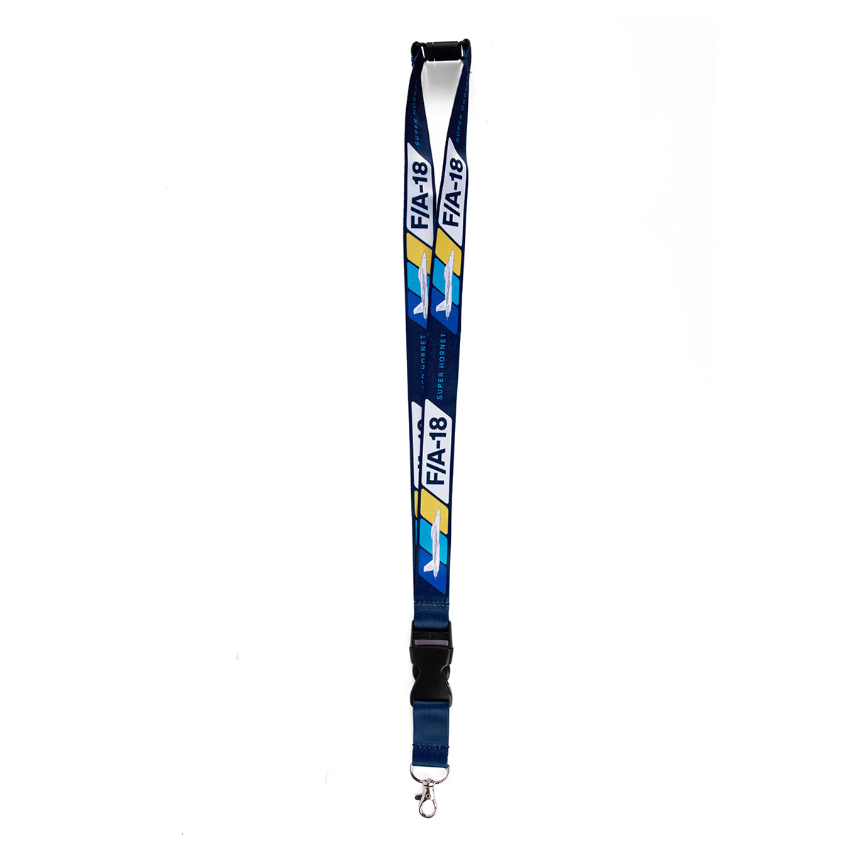The Boeing F/A-18 Super Hornet Velocity Lanyard by Boeing is a stylish blue lanyard featuring the FIA-18 logo with yellow and white accents. It includes a black buckle, metal clip, and functions as a badge holder, elegantly celebrating the iconic aircraft.