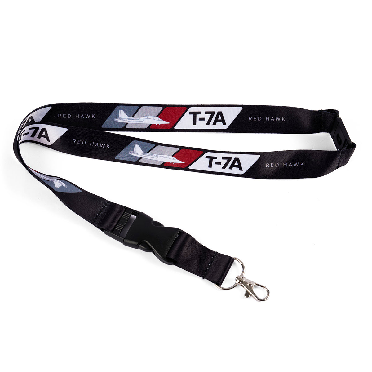 The Boeing T-7A Red Hawk Velocity Lanyard features a sublimated print with red, white, and gray airplane graphics and T-7A and Red Hawk text. It includes a detachable clip and metal lobster clasp, ideal for aviation fans of the Boeing T-7A Red Hawk.