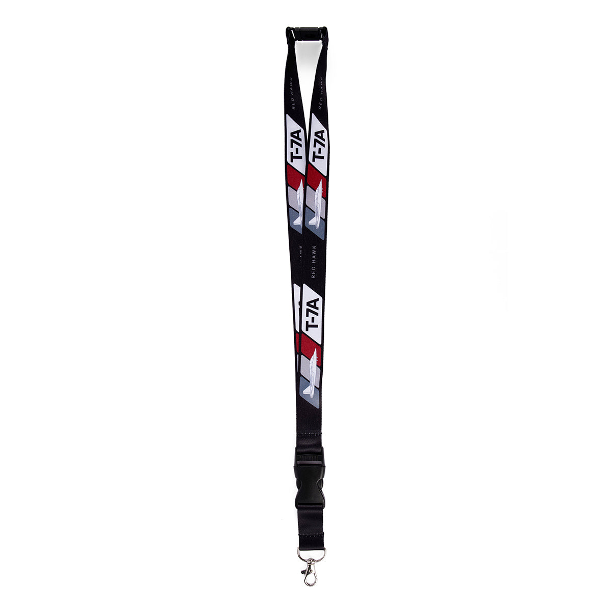The Boeing T-7A Red Hawk Velocity Lanyard features a black and white TFA and XX logo with vibrant sublimation print. It includes a metal clasp hook for securely attaching essentials.