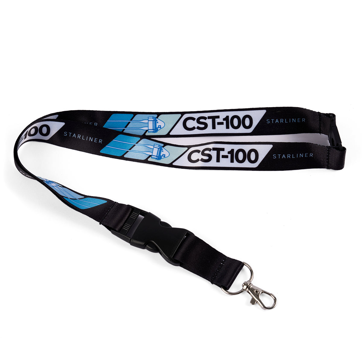 The Boeing CST-100 Starliner Velocity Lanyard showcases a black sublimation print, safety breakaway buckle, and features the text CST-100 and Starliner with blue/white spacecraft graphics, celebrating the spacecrafts innovation.