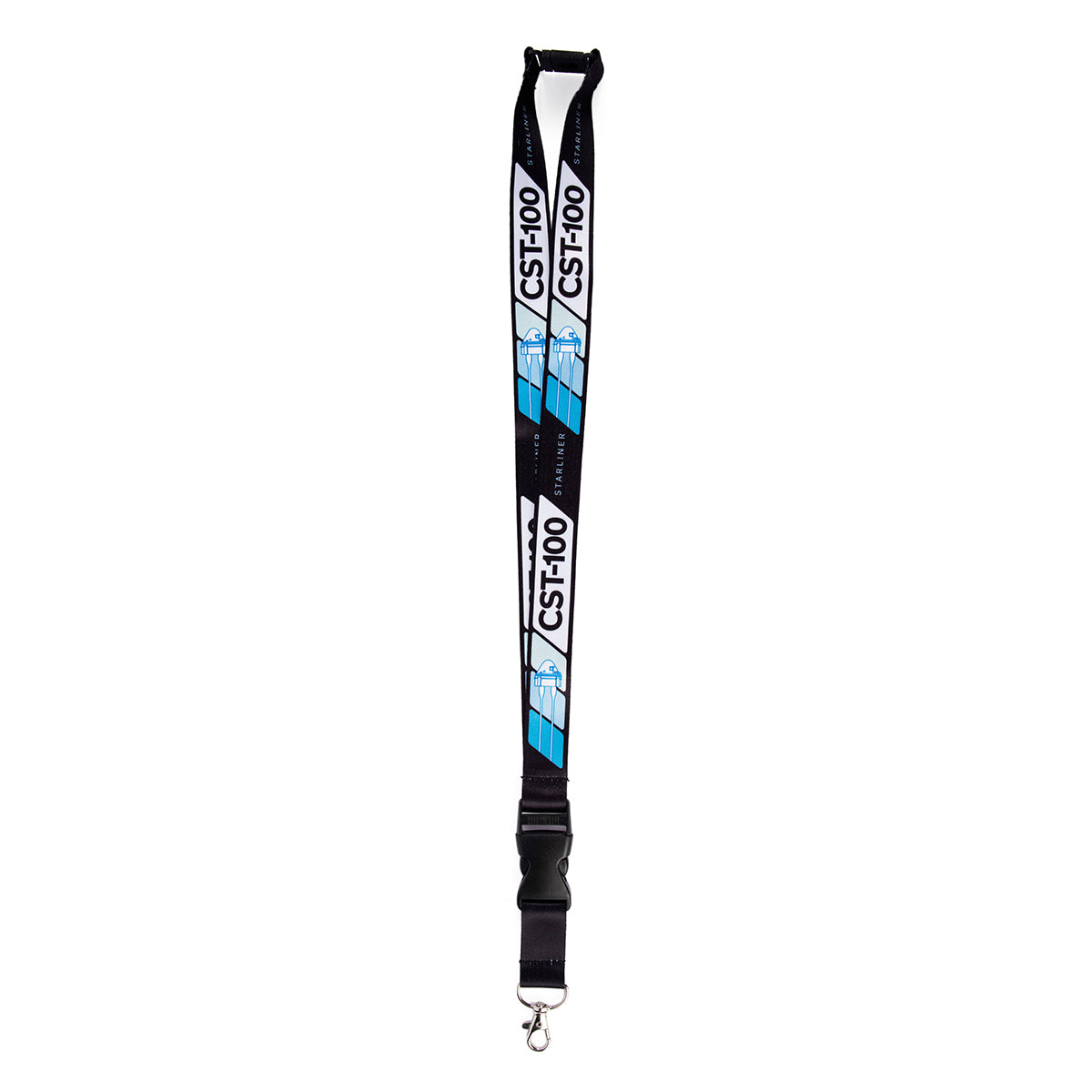 The Boeing CST-100 Starliner Velocity Lanyard features a sublimation print with blue and white rocket ships and CST-100 text. It includes black clips, a safety breakaway buckle, and is perfect for fans of the Boeing CST-100 Starliner mission.