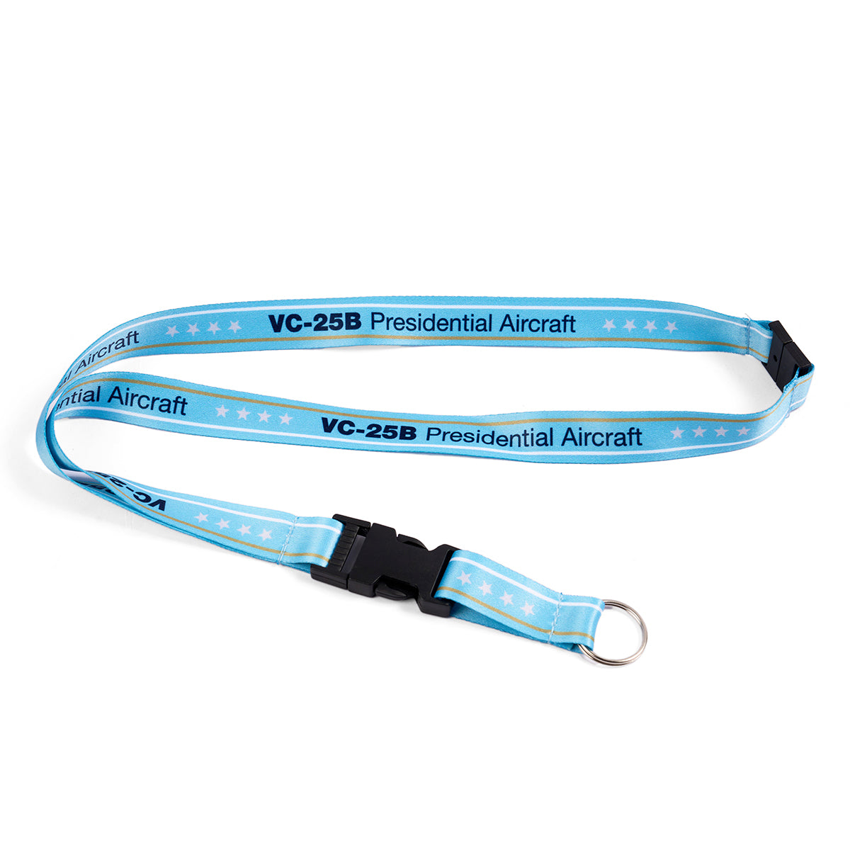The Boeing VC-25B Lanyard is light blue with VC-25B Presidential Aircraft in bold black text. It features small white stars along the edges, a sturdy black plastic buckle, and a metal attachment ring.
