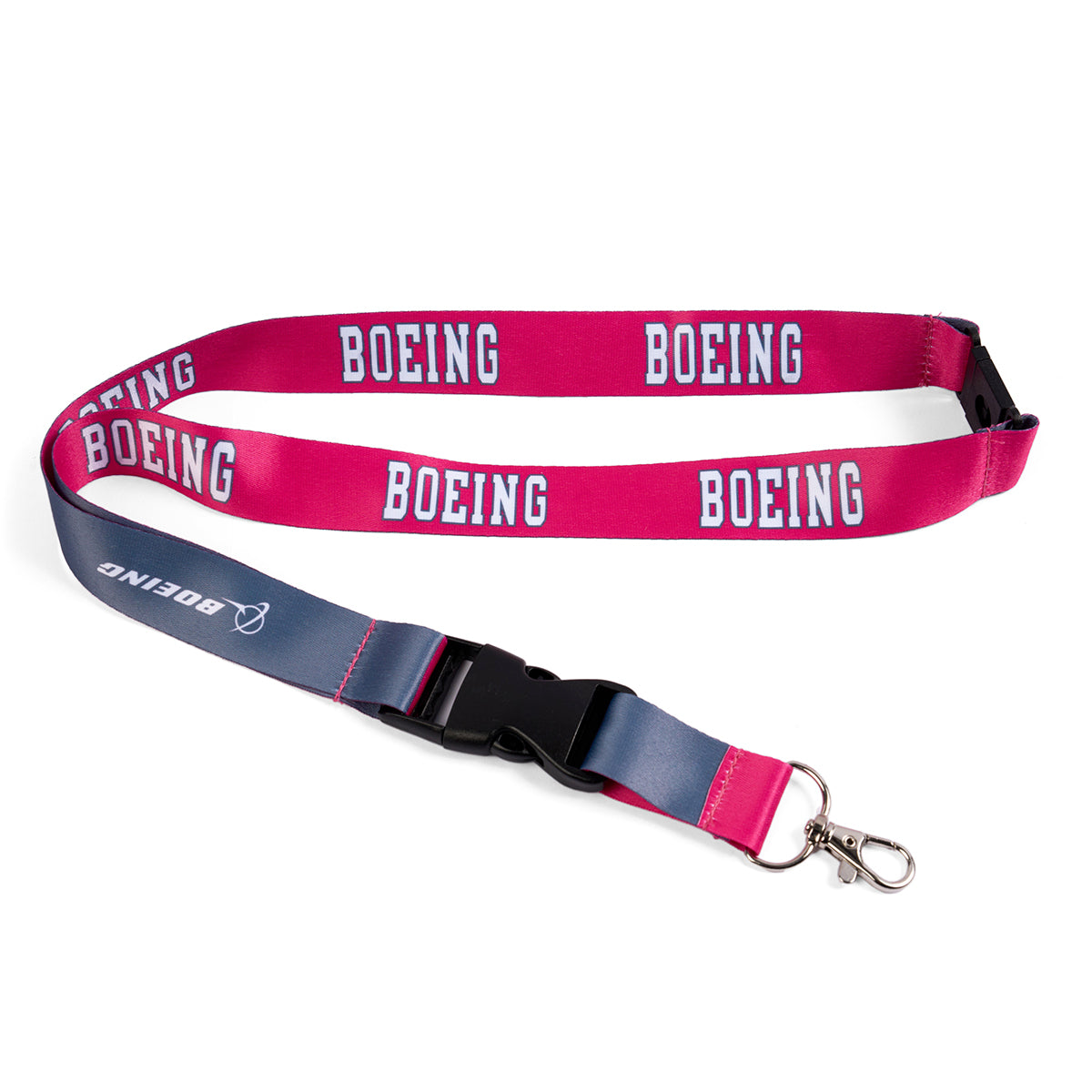 Boeing varsity logo sublimated print on red side.  Boeing logo sublimated print on the grey side.