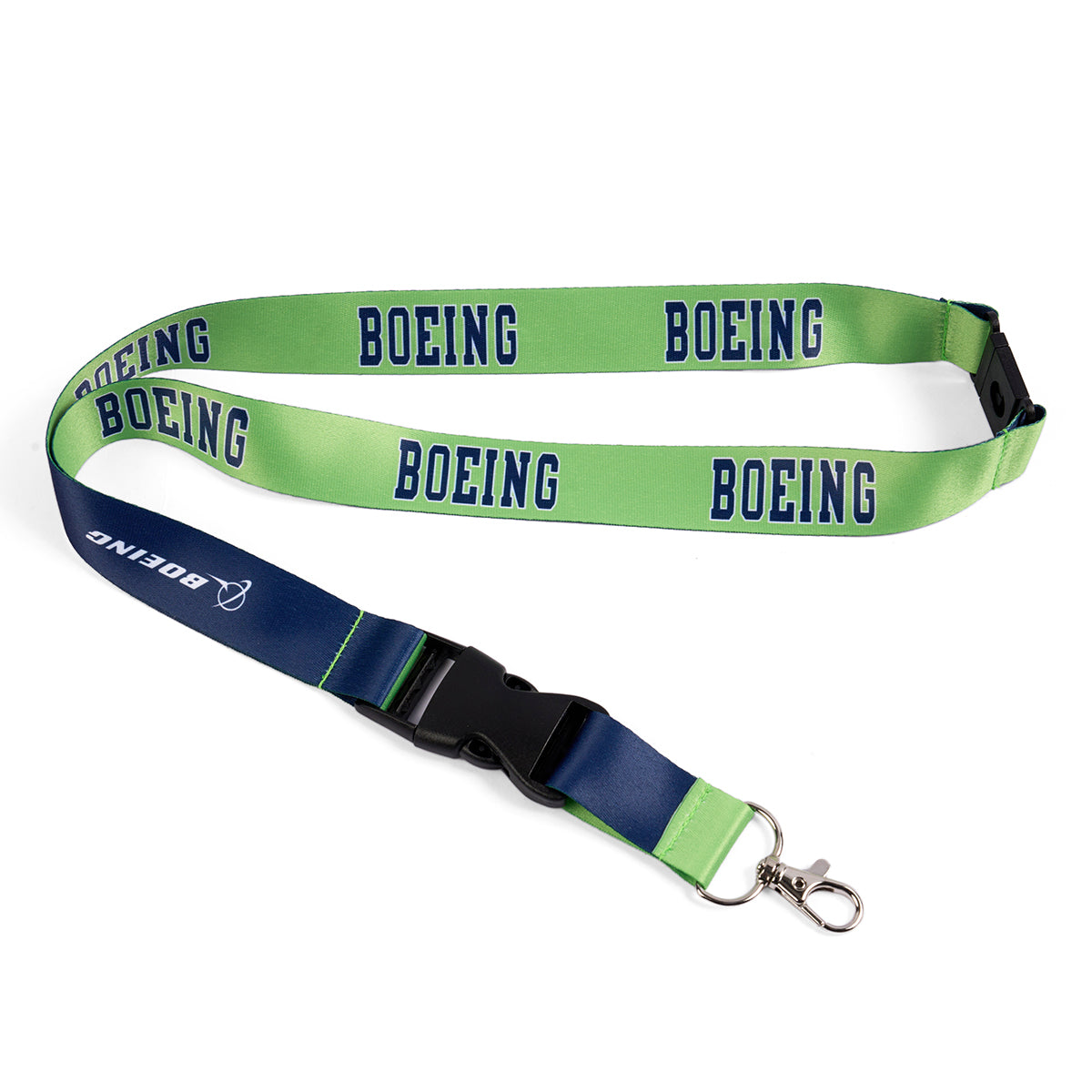 Boeing varsity logo sublimated print on the lime side.  Boeing logo sublimated print on the navy side.