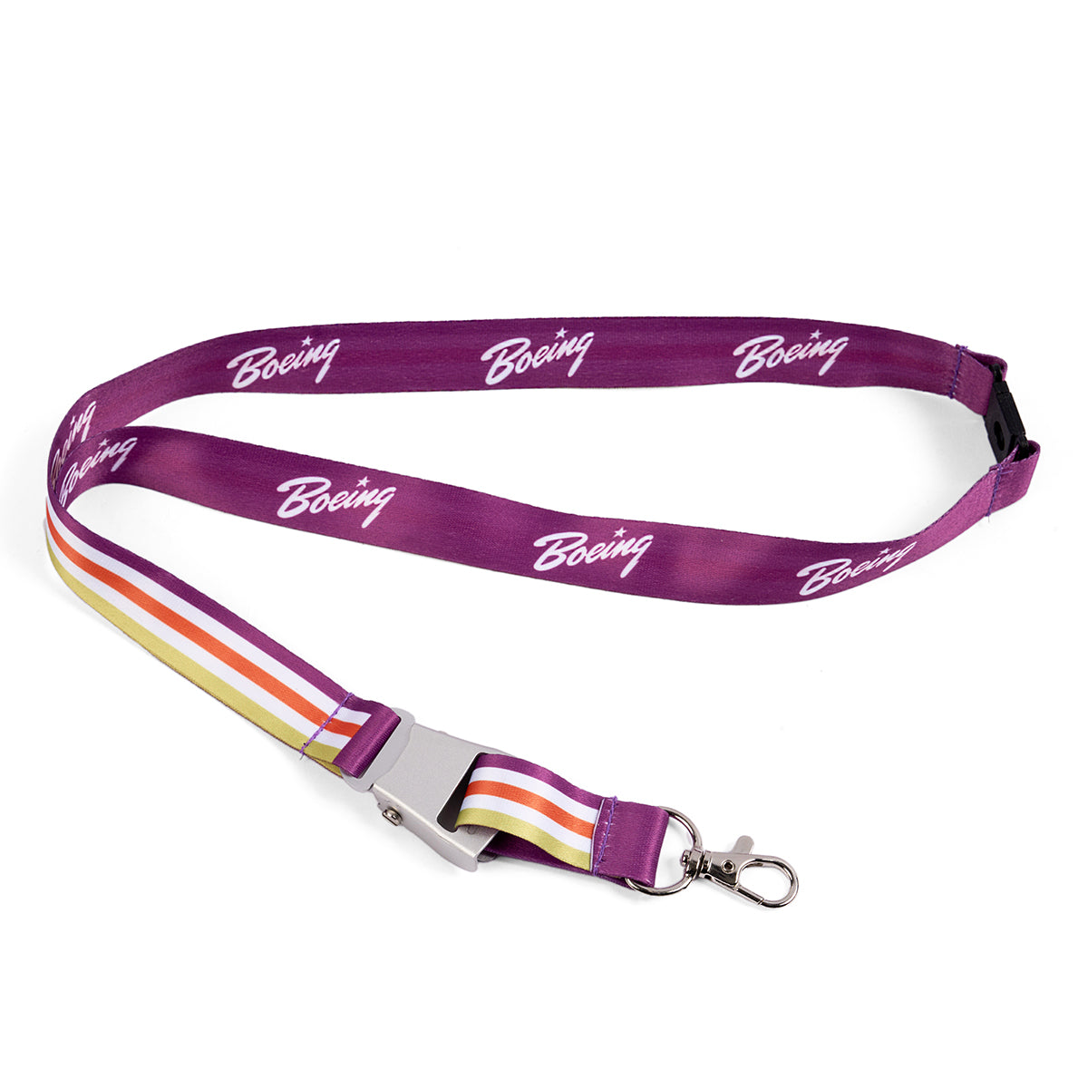 Boeing script logo sublimated print on purple side.  Gold, white, orange and purple stripe on one side.