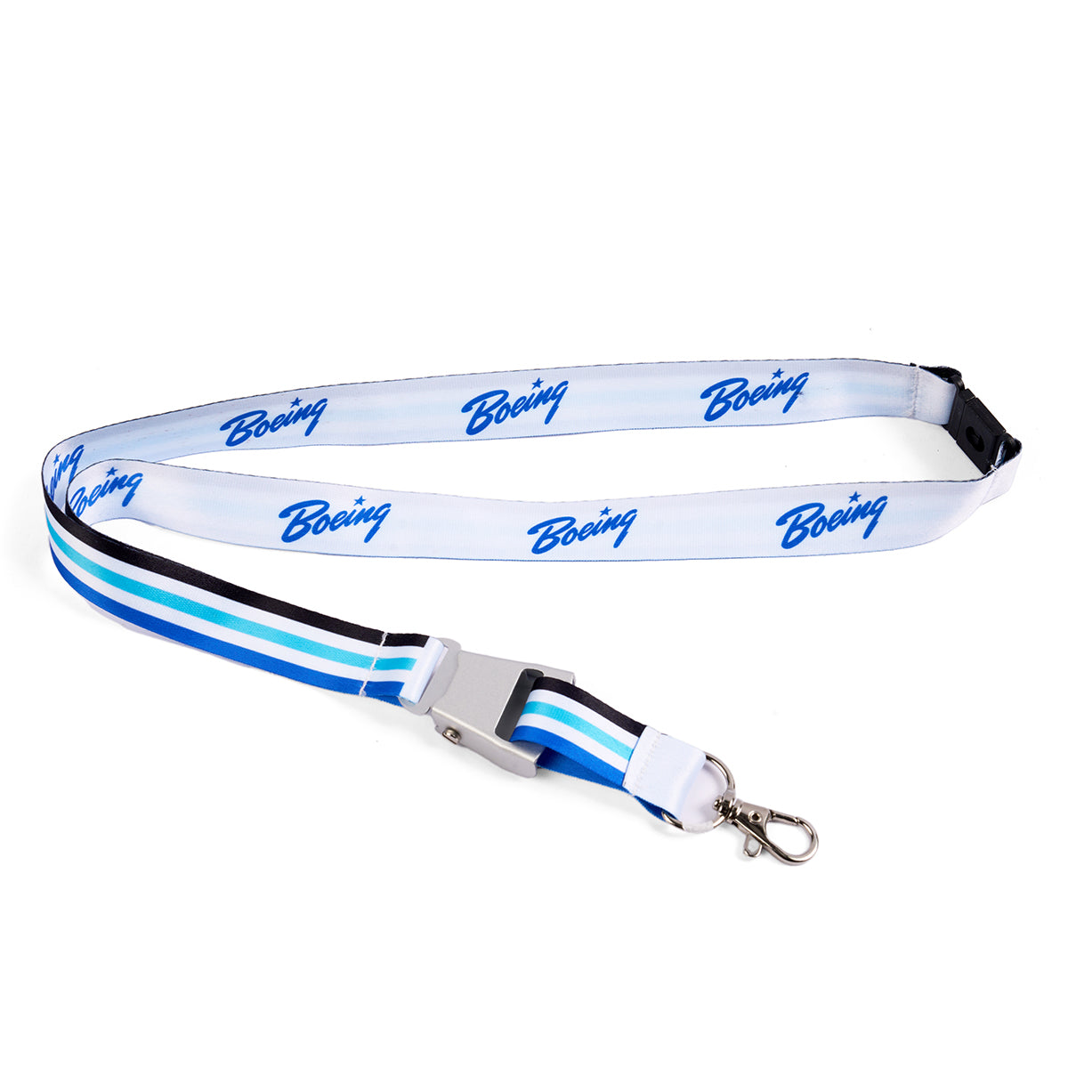 Boeing script logo sublimated print on white side.  Blue stripes on one side.