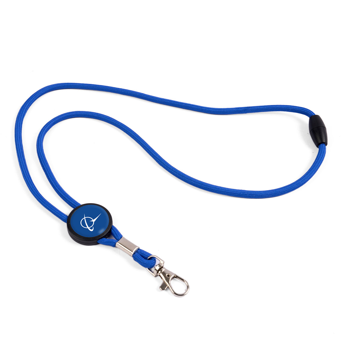 The Boeing Symbol Blue Cord Lanyard by Boeing has a round black holder, metal swivel clasp, and safety breakaway. A small emblem with a white abstract design on a blue background adds elegance.