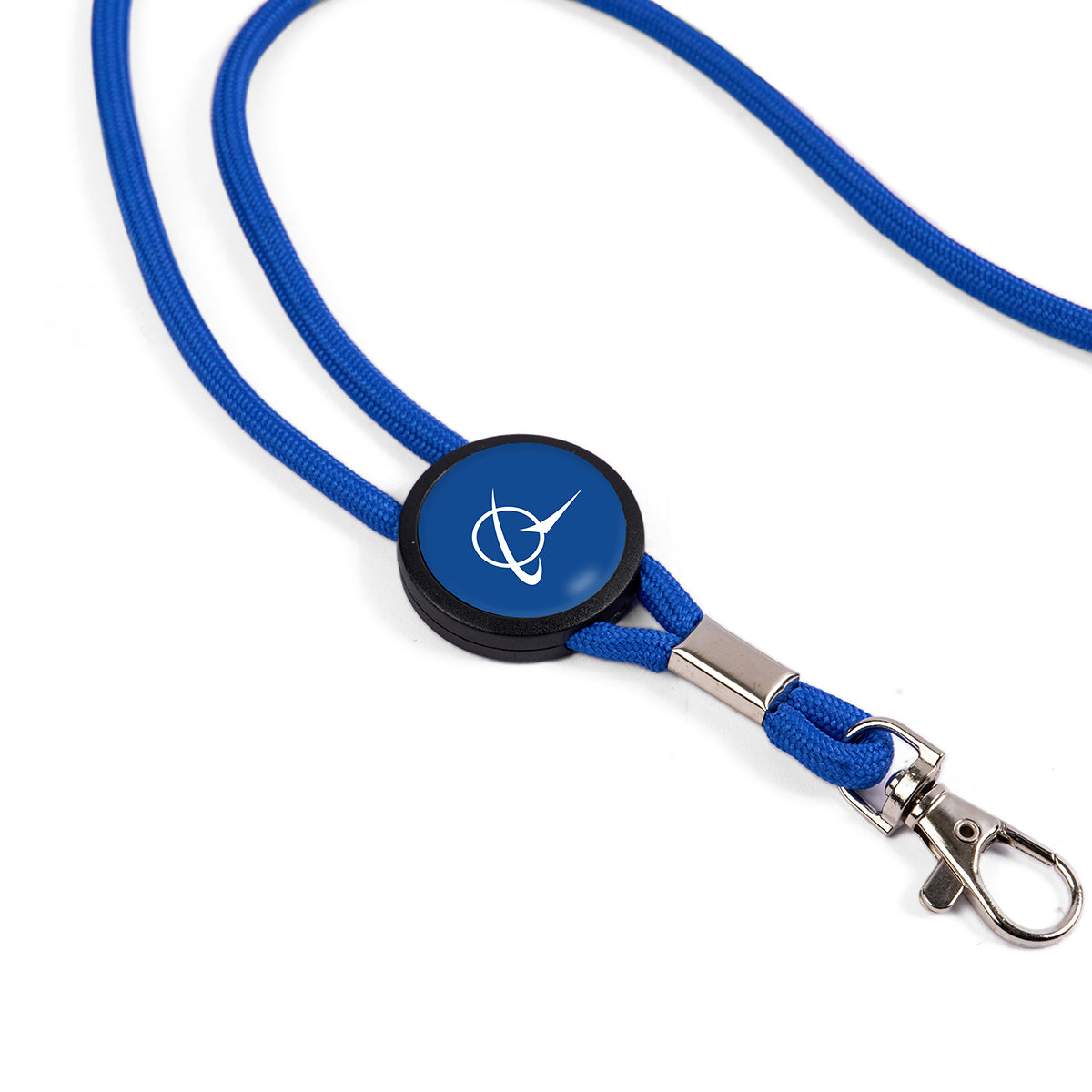 The Boeing Symbol Blue Cord Lanyard features a black badge with a white logo on a dark blue background, comes with a metal clip for attachments, and includes a safety breakaway for convenience and protection.