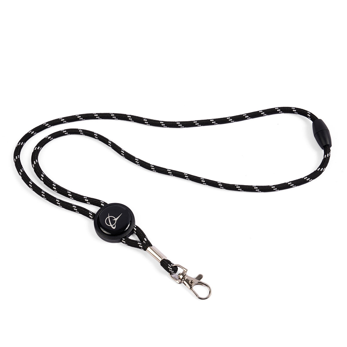 The Boeing Symbol Black Cord Lanyard, by Boeing, is a black and white braided lanyard featuring a detachable seat belt buckle, safety breakaway, round attachment point, logo, and metal clip. Its simple design is ideal for holding keys or ID badges.