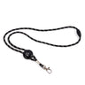 The Boeing Symbol Black Cord Lanyard, by Boeing, is a black and white braided lanyard featuring a detachable seat belt buckle, safety breakaway, round attachment point, logo, and metal clip. Its simple design is ideal for holding keys or ID badges.