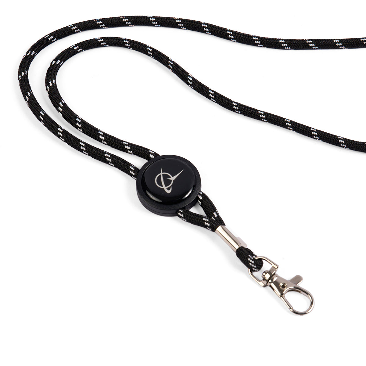 The Boeing Symbol Black Cord Lanyard, by Boeing, features a circular badge with a white logo, small white accents, and a safety breakaway. It attaches with a metal swivel clasp clip and echoes the Boeing Blue Cord style.