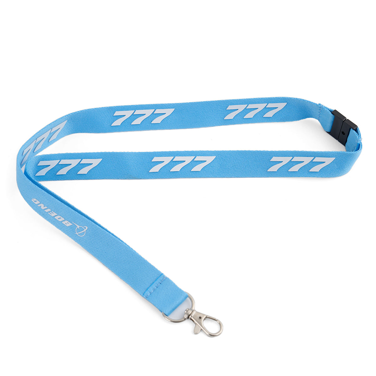 The Boeing 777 Series Lanyard by BOEING features a light blue design with white 777 sublimation, the BOEING logo near the metal clip, a black detachable buckle, and a silver clasp for convenience.