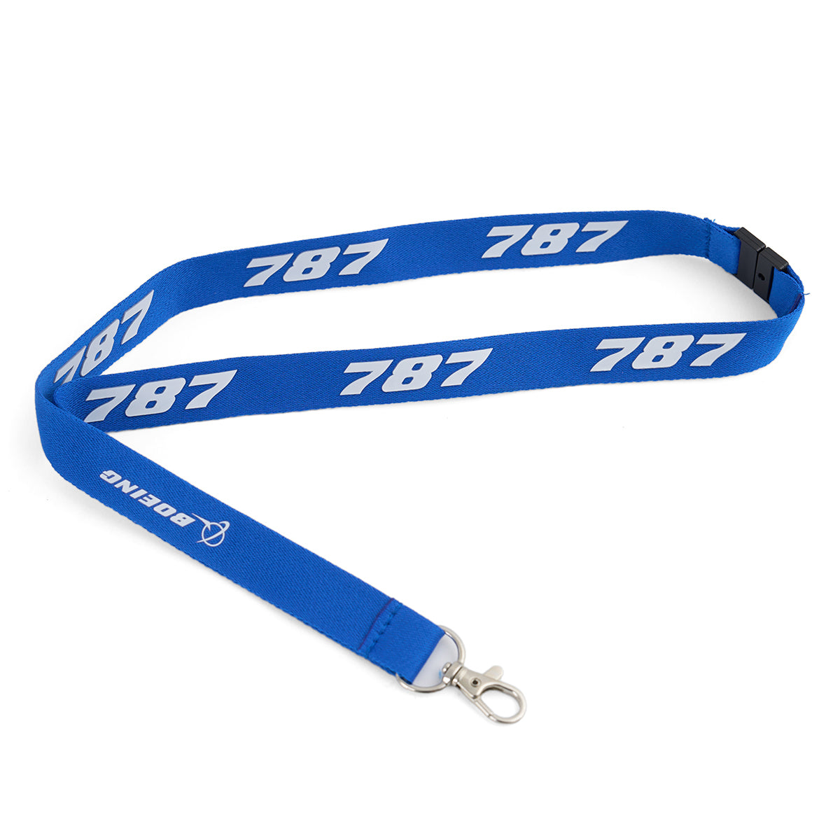 The Boeing 787 Dreamliner Series Lanyard by BOEING is a blue lanyard with a white 787 sublimation print, Boeing name and logo near the metal clasp, plus a safety breakaway for added security.