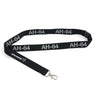 The Boeing AH-64 Apache Series Lanyard features a black design with silver AH-64, the BOEING name and logo near the sturdy metal clip, all created using sublimation print.