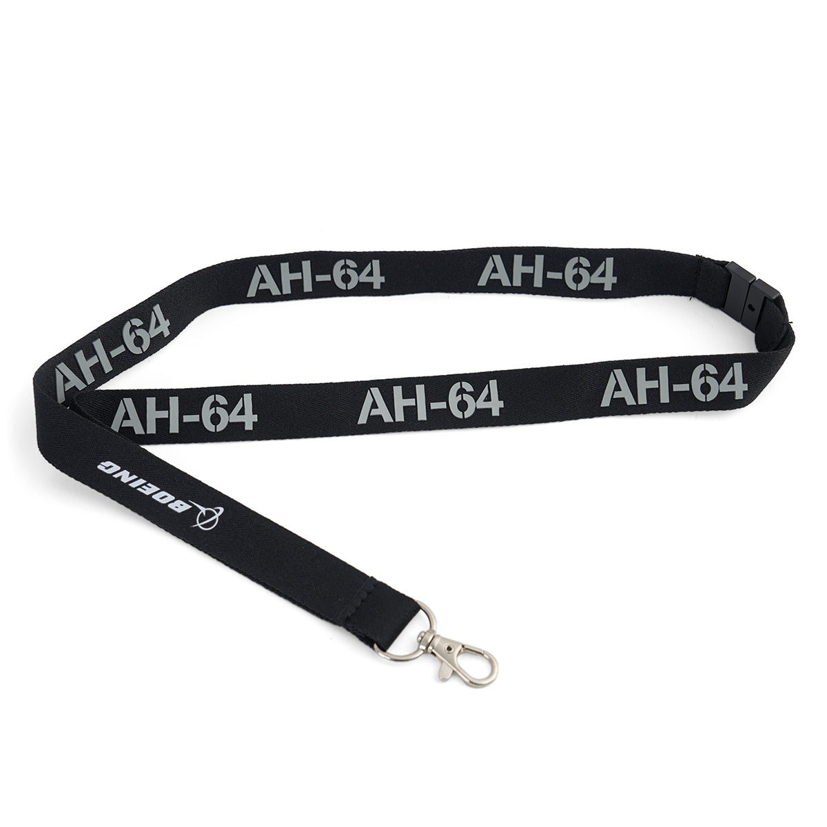 The Boeing AH-64 Apache Series Lanyard features a black design with silver AH-64, the BOEING name and logo near the sturdy metal clip, all created using sublimation print.