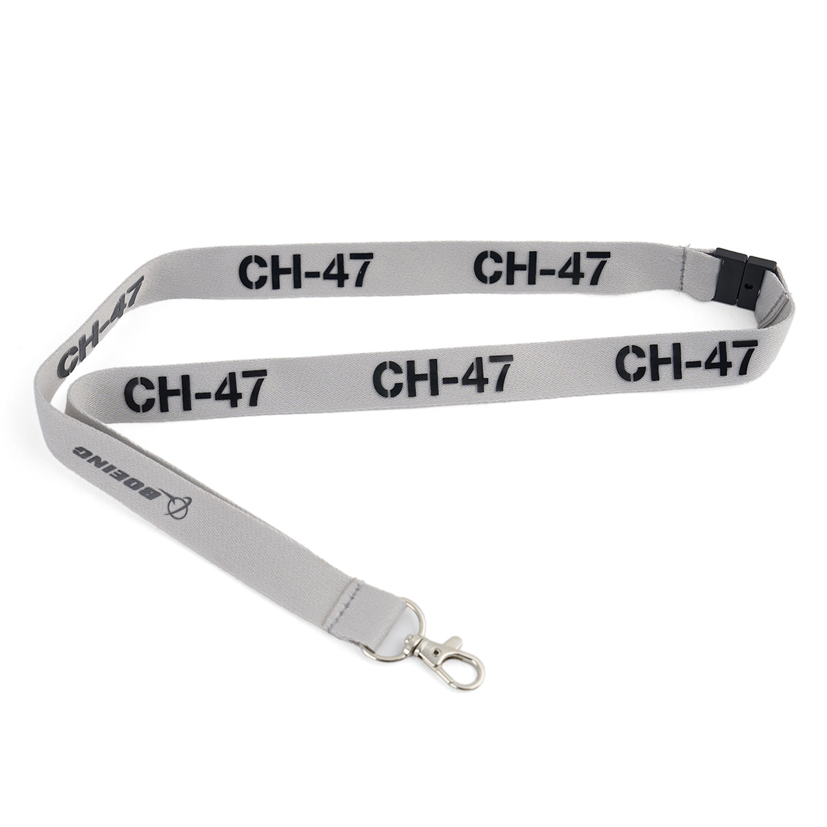 The Boeing CH-47 Chinook Series Lanyard by BOEING is gray with repeated black CH-47 prints, a company logo and name on one end, plus a metal clasp and detachable buckle.