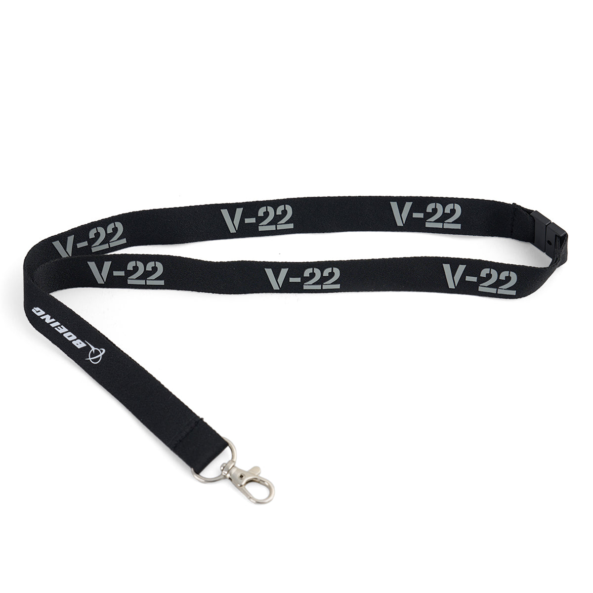 The Boeing V-22 Osprey Series Lanyard by BOEING features a white sublimation print with “V-22”, “BOEING”, and the Boeing logo near the clasp—ideal for aviation lanyard collectors and enthusiasts.