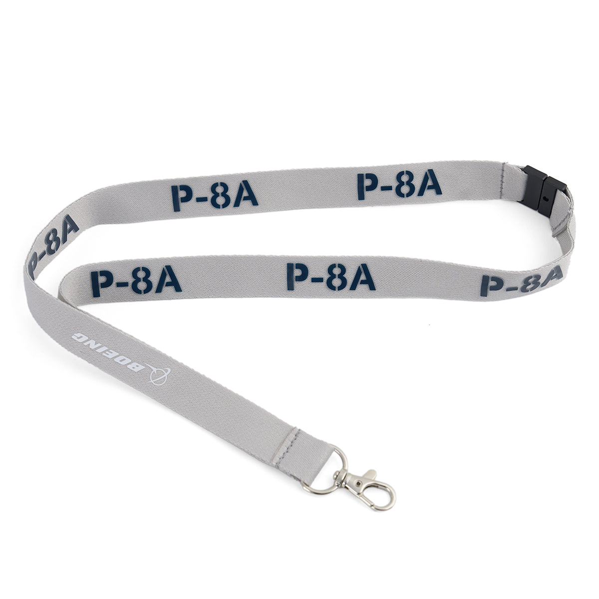 The Boeing P-8A Poseidon Series Lanyard by BOEING is gray with blue branding, featuring a metal clasp, detachable buckle, and a safety breakaway for convenience and security.