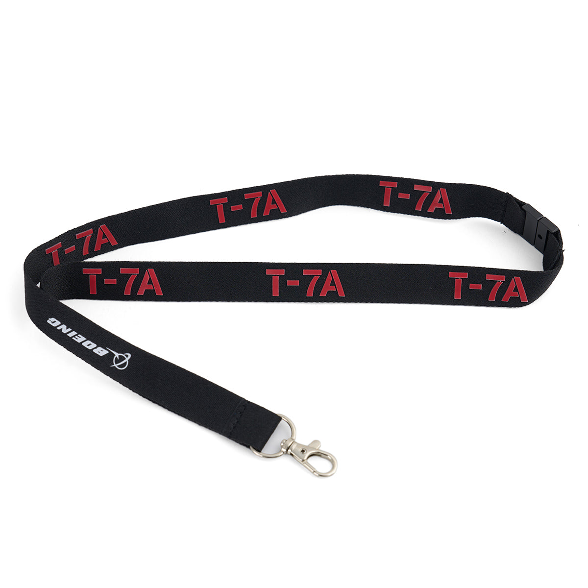 The Boeing T-7A Red Hawk Series Lanyard by BOEING features a black aviation-style design with red T-7A text, white BOEING logo, metal swivel hook, and a detachable buckle for convenience.