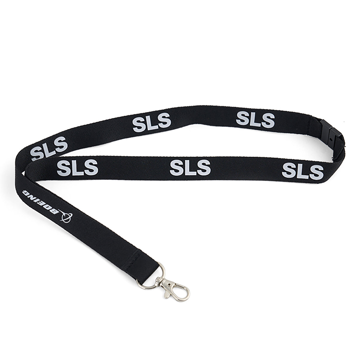 The Boeing Space Launch System Series Lanyard by BOEING features “SLS” in white sublimation on black and includes a metal swivel hook clip.