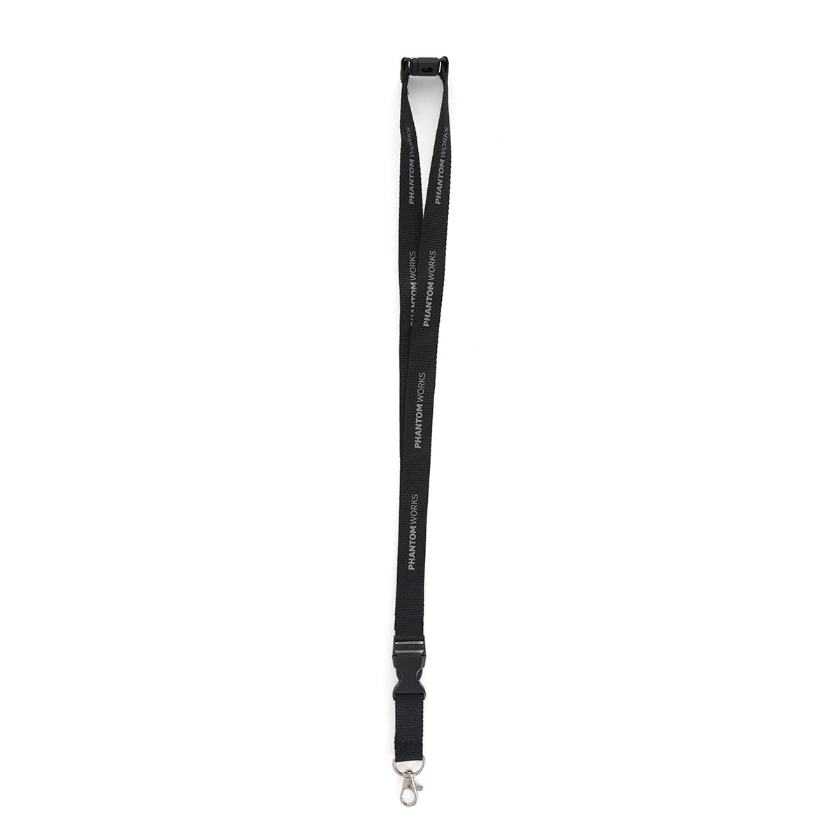 The Boeing Phantom Works 2025 Lanyard by BOEING is black with white text, featuring a metal swivel clasp and a plastic buckle—perfect for aviation enthusiasts.