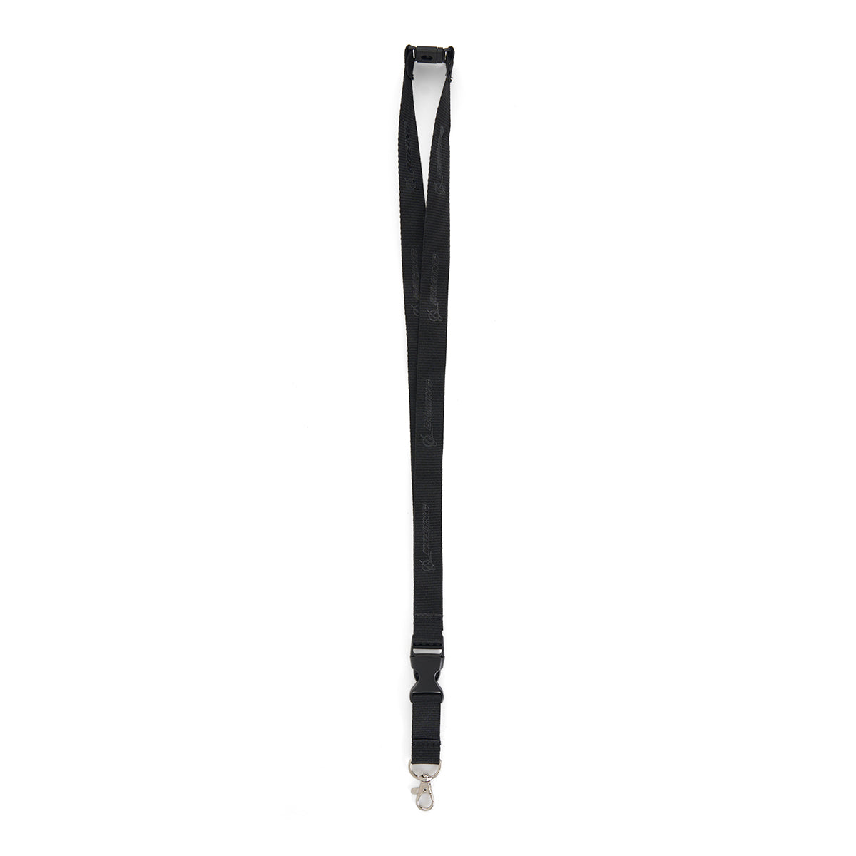 The Boeing Phantom Works 2025 Lanyard by BOEING is a black lanyard with a detachable clip and metal clasp, ideal for aviation fans. Shown on a white background.