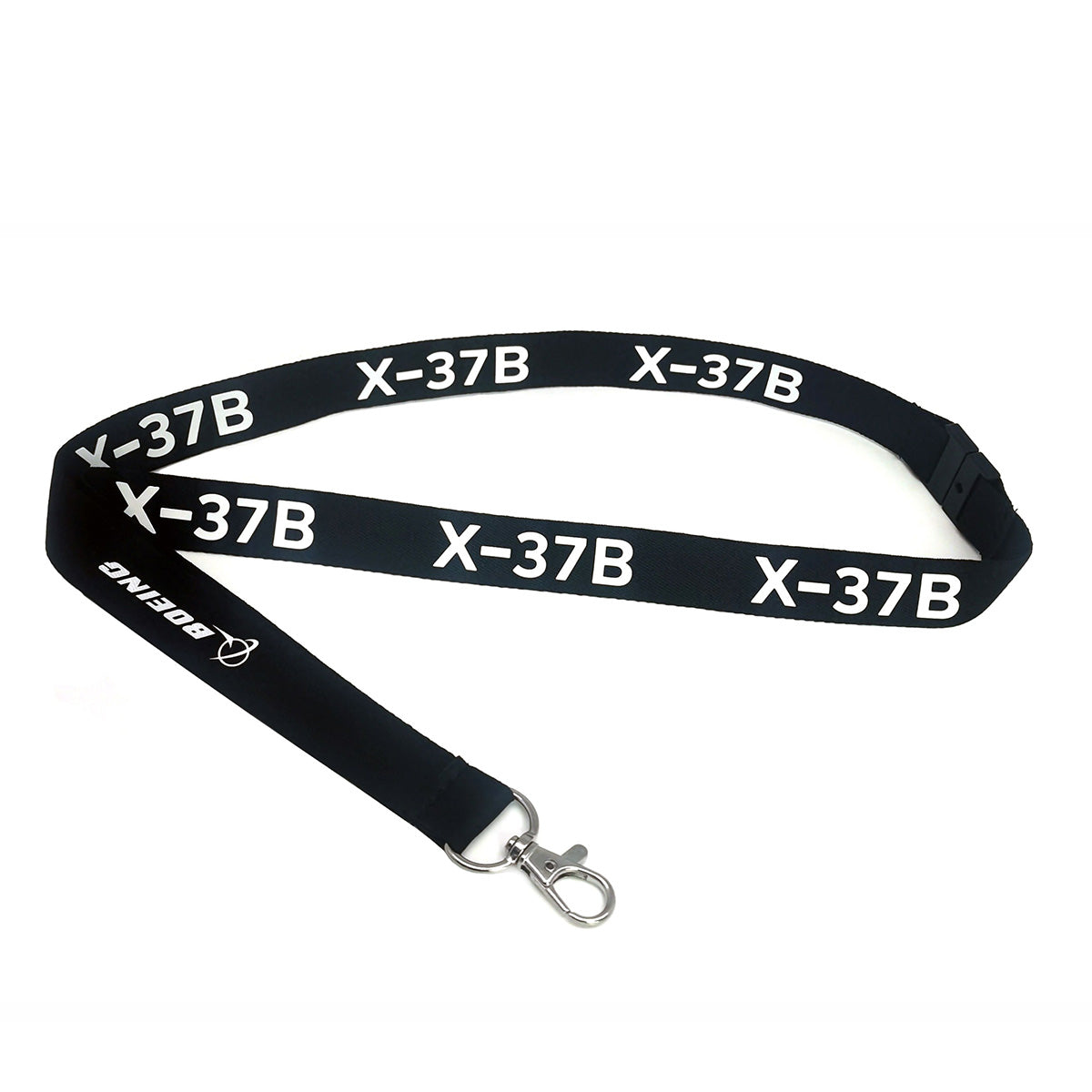 The Boeing X-37B Lanyard is a black lanyard featuring "X-37B" and the BOEING logo in white, plus a metal clasp.