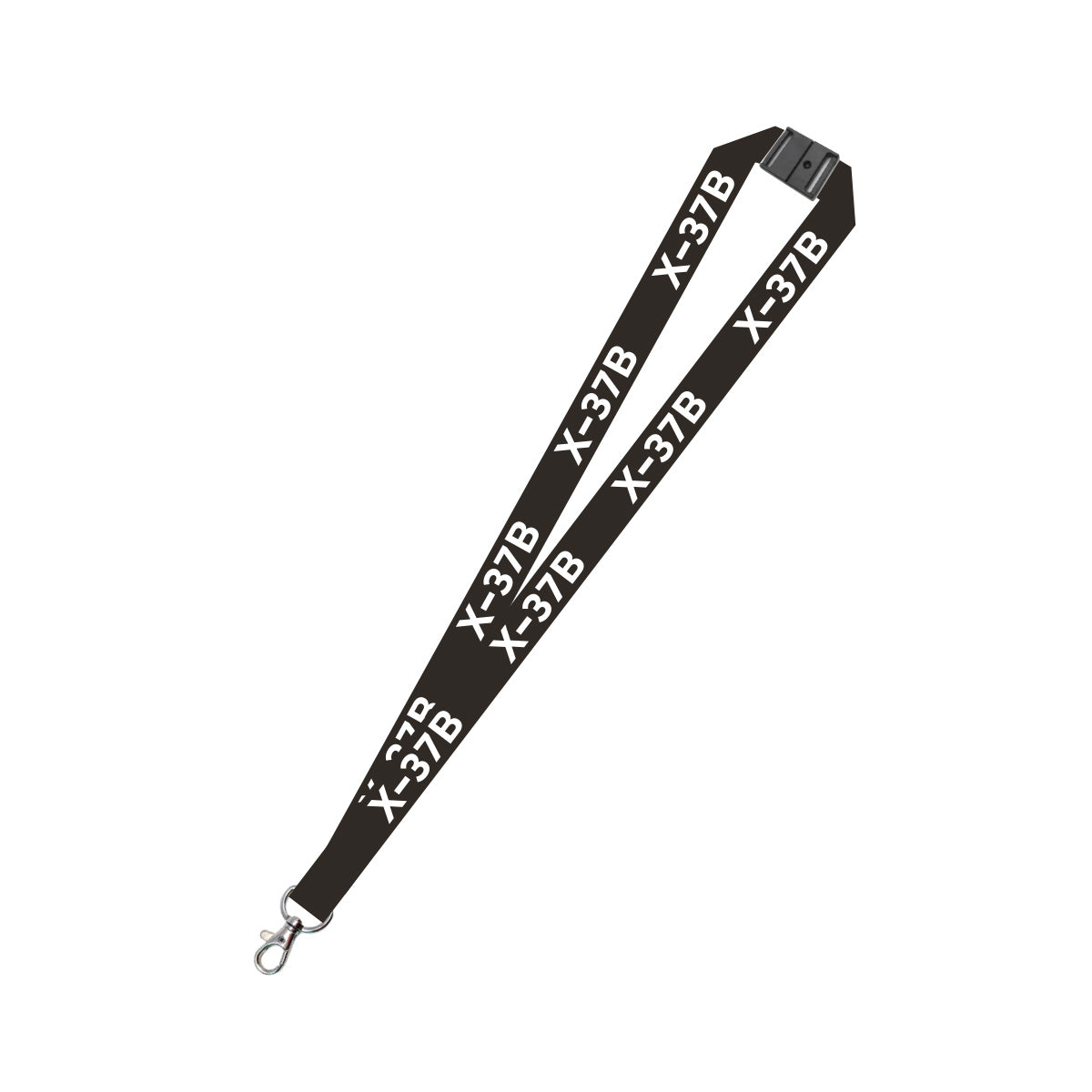 The Boeing X-37B Lanyard by BOEING is a black lanyard featuring a metal clip on one end and bold white "X-37B" text printed along its length.