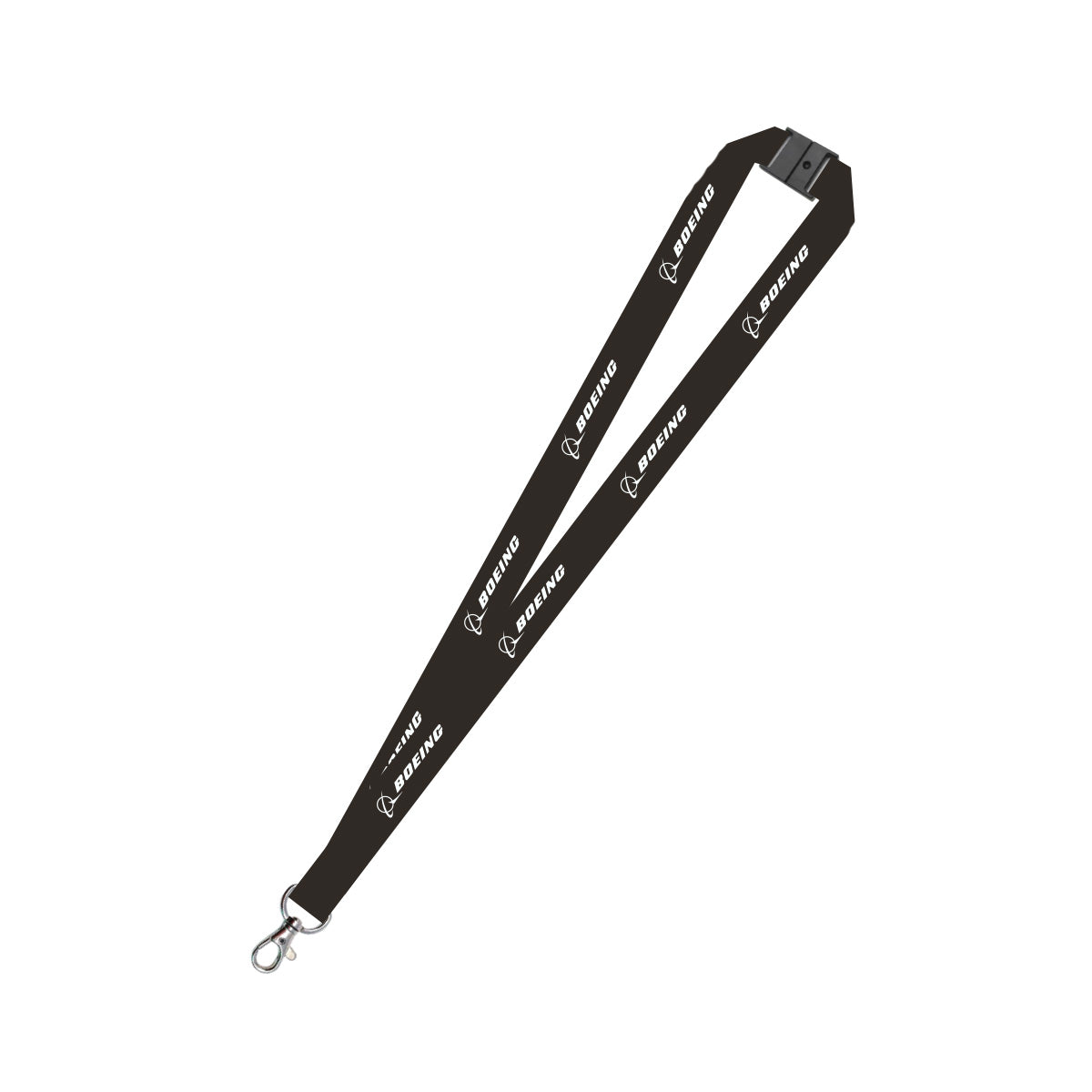 The Boeing X-37B Lanyard by BOEING is black with white BOEING logos and airplane icons printed on it, and features a metal swivel hook for attaching items.
