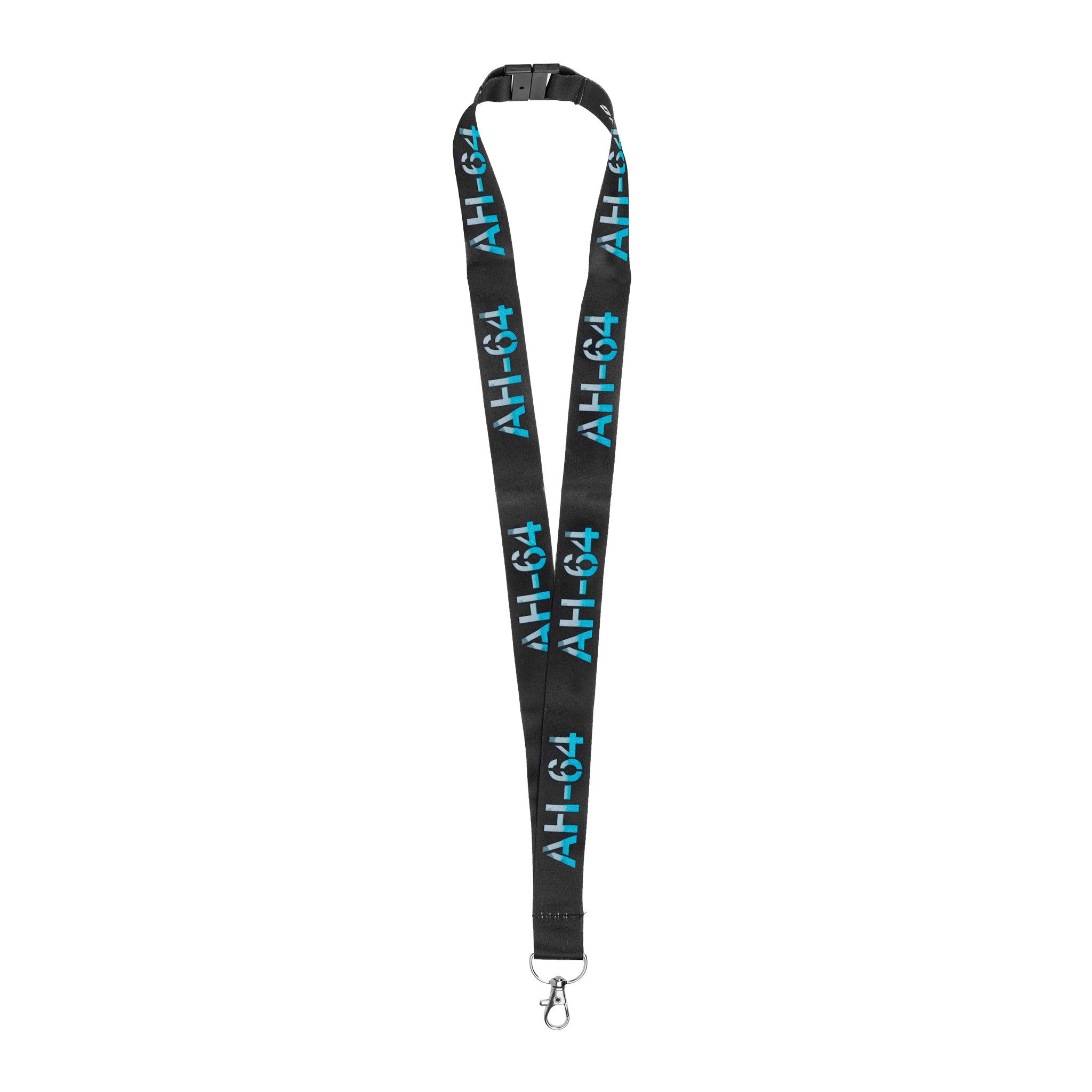 The BOEING AH-64 Apache Graphic Lanyard is black with blue “AH-64” text along its length and features a metal clasp—ideal for aviation enthusiasts and Apache fans to display their passion.