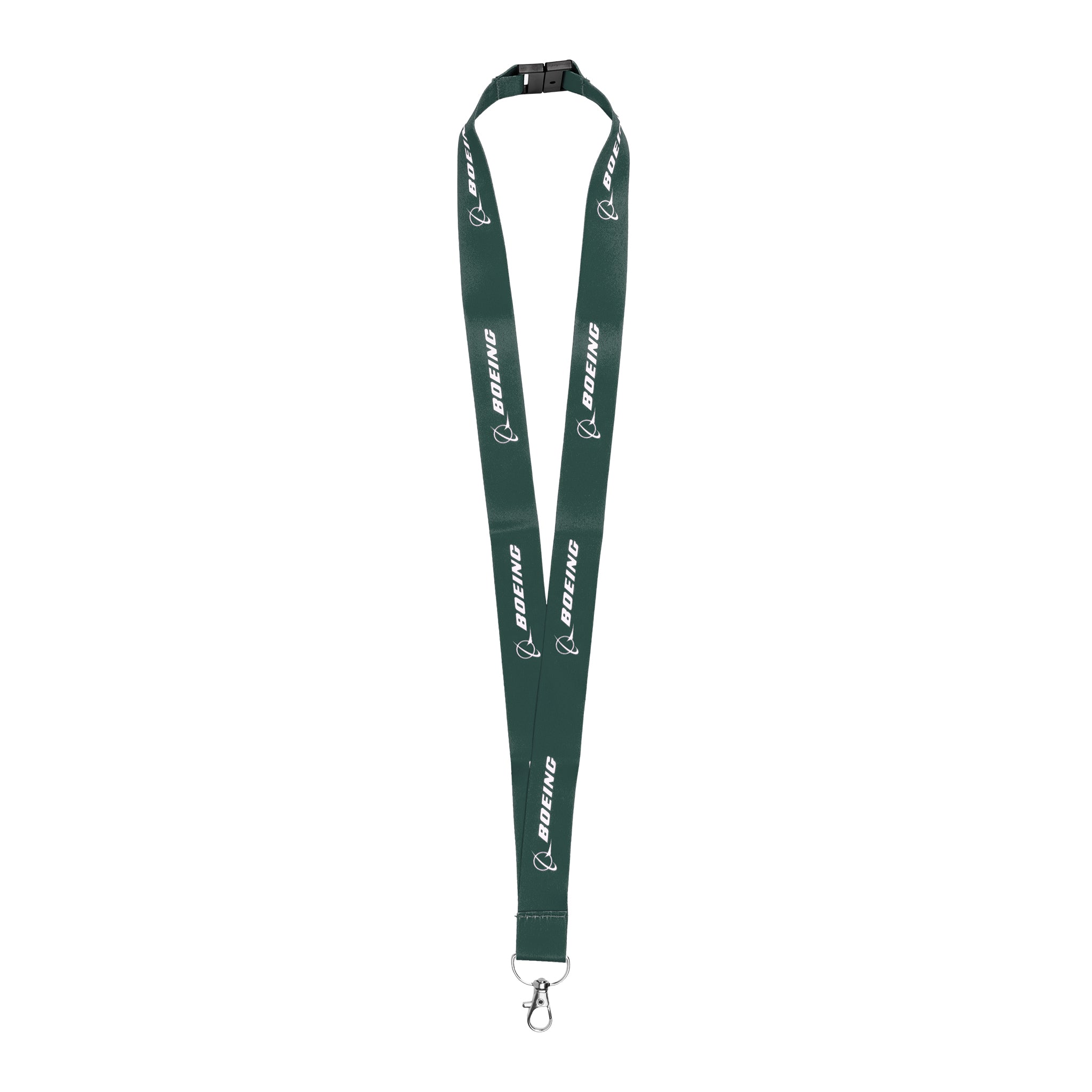The Boeing AH-64 Apache Graphic Lanyard features a green design with a metal clip, plastic buckle, and the BOEING name and logo in white—ideal for aviation fans.