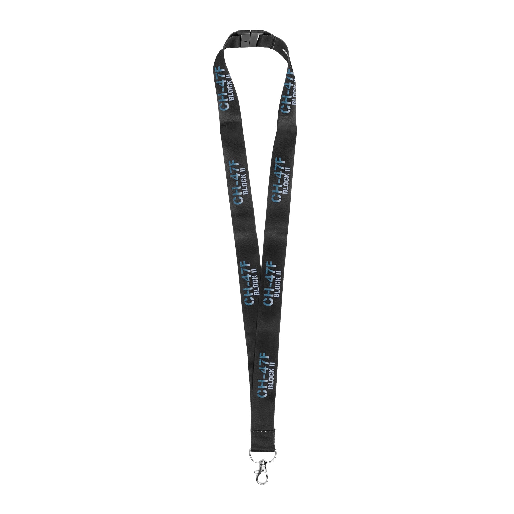 The BOEING CH-47F Block II Graphic Lanyard is a black strap with a metal clasp and "BOEING" graphics—perfect for aviation fans and Boeing supporters.