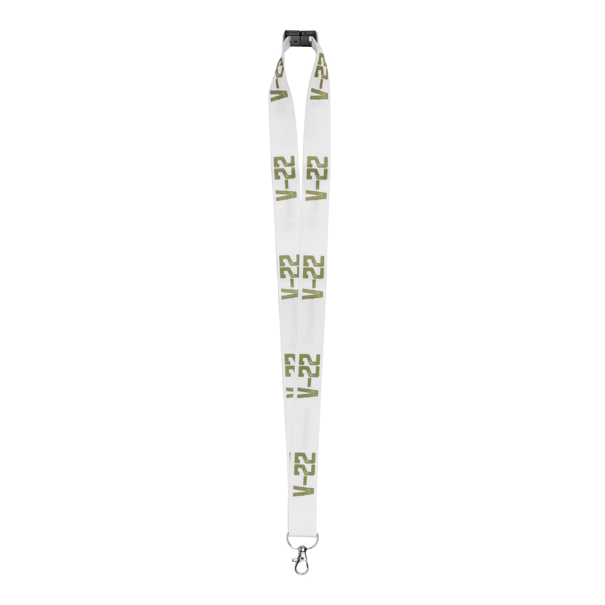 The Boeing V-22 Osprey Graphic Lanyard by BOEING features white material with green V-22 text, a silver clip, and a black plastic buckle—ideal for aviation fans and Boeing supporters.