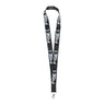 The BOEING F-15EX Eagle II Graphic Lanyard, ideal for aviation fans, displays "F-15EX" in white and blue on a black strap and includes a metal clasp for secure attachment.
