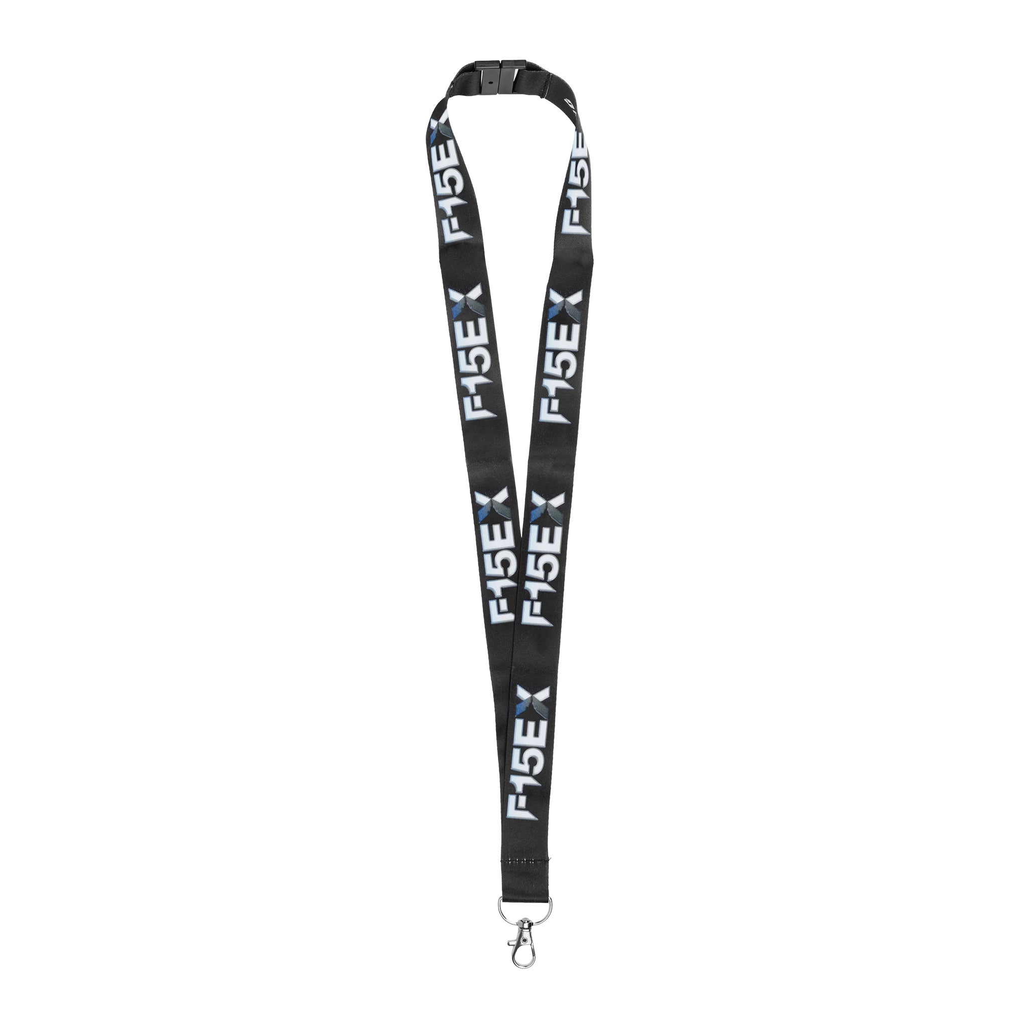 The BOEING F-15EX Eagle II Graphic Lanyard, ideal for aviation fans, displays "F-15EX" in white and blue on a black strap and includes a metal clasp for secure attachment.
