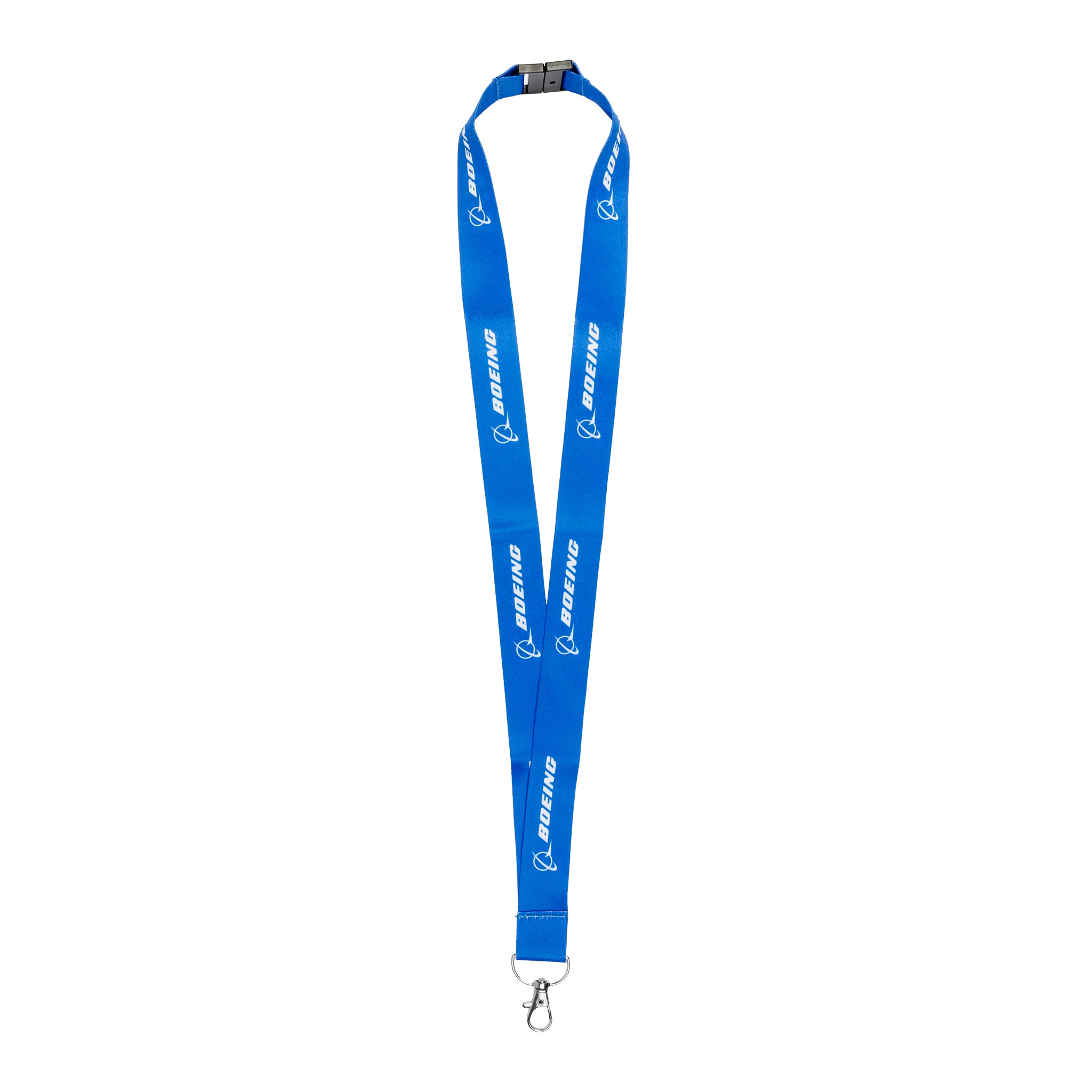 The Boeing F/A-18 Super Hornet Graphic Lanyard by BOEING features a blue design with a metal clasp, black plastic buckle, and white repeating logo—perfect for aviation enthusiasts and Boeing fans.