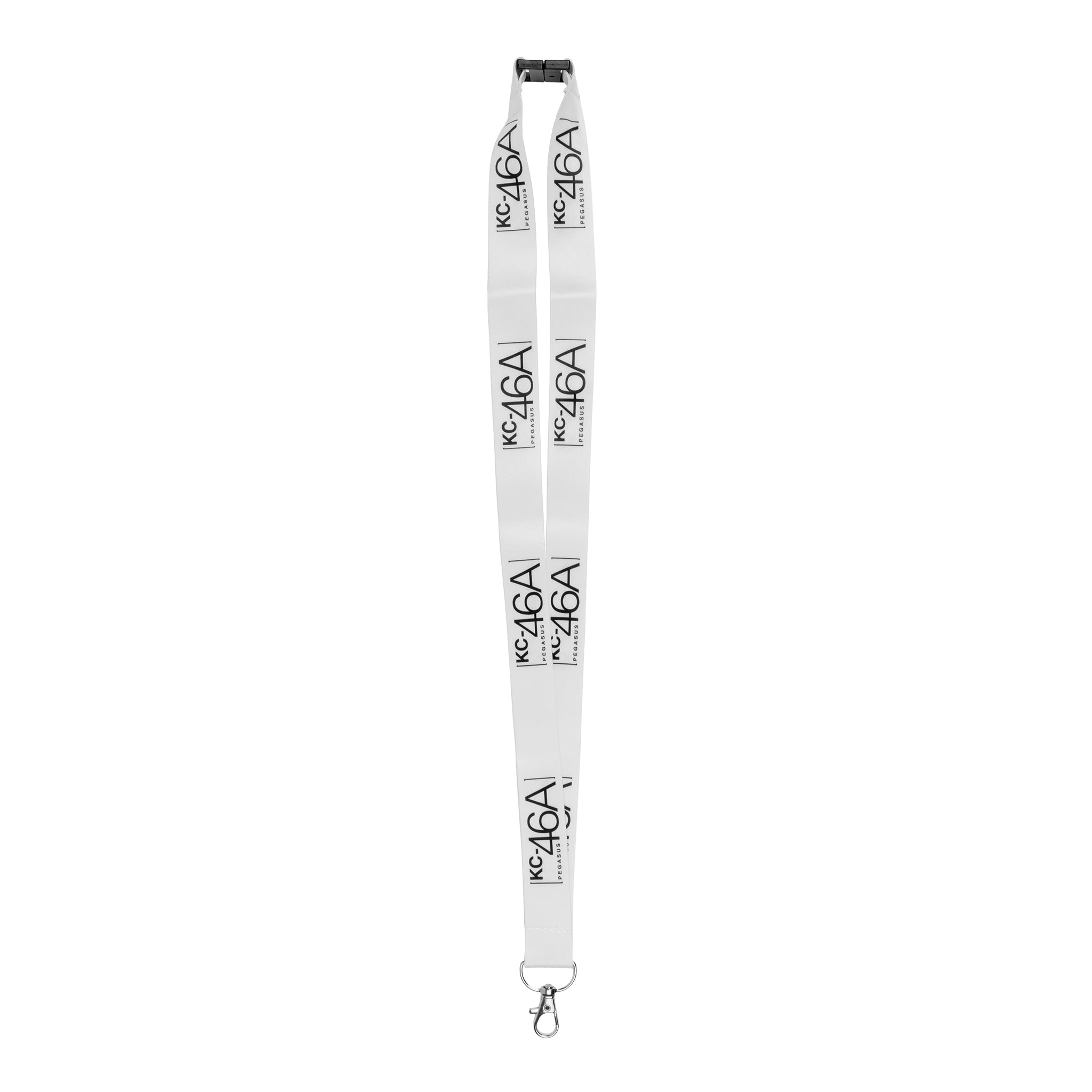 The Boeing KC-46A Pegasus Graphic Lanyard by BOEING features repeating black "KC/46A" and "Air Force" text on white, plus a metal clasp—an ideal gift for aviation enthusiasts.