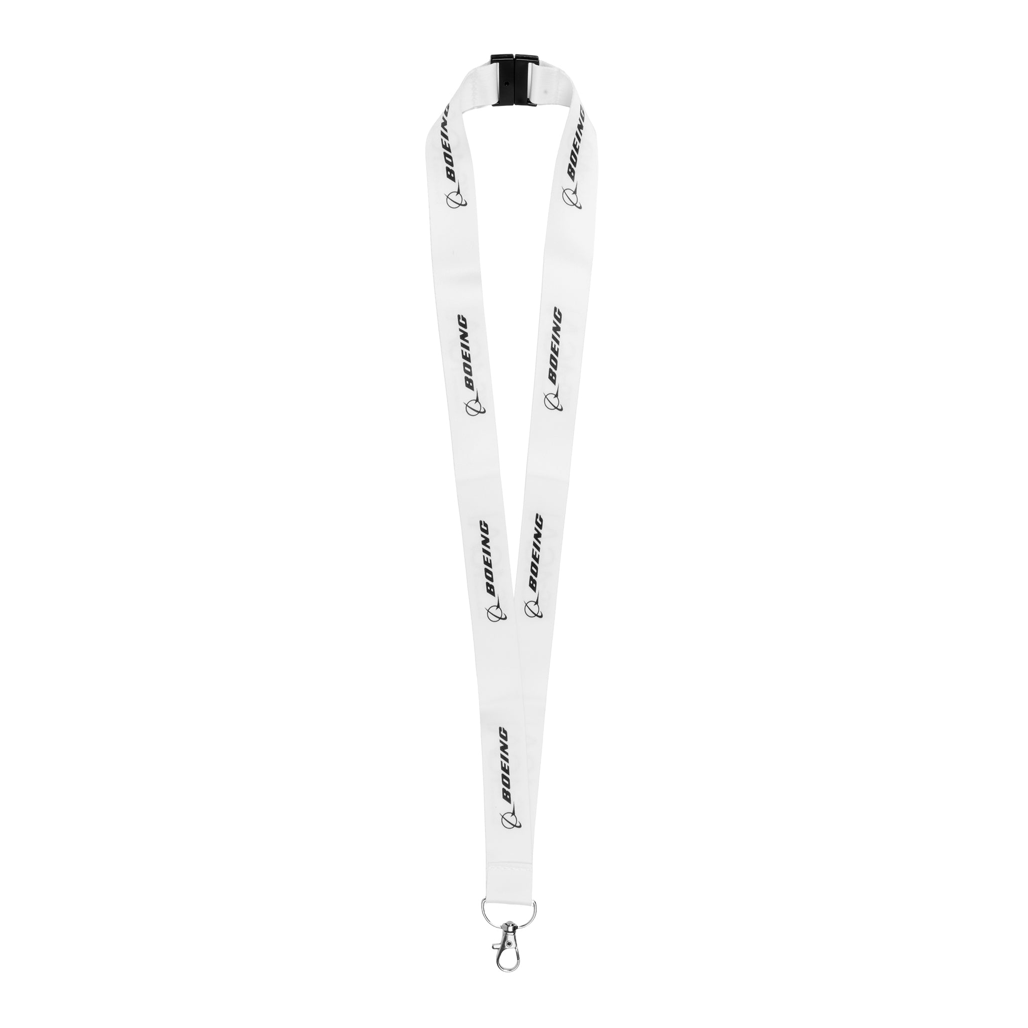 The Boeing KC-46A Pegasus Graphic Lanyard by BOEING features repeating black logos and text on white, a black plastic buckle, and metal hook clasp—ideal Boeing merchandise or a great gift for aviation enthusiasts.