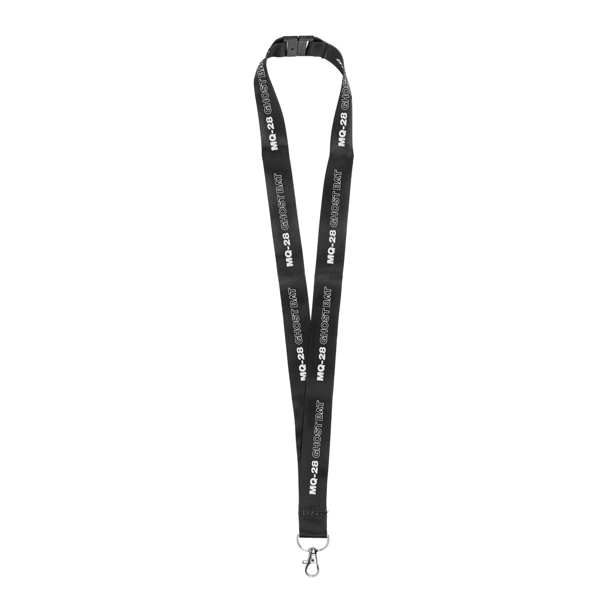 The Boeing MQ-28 Ghost Bat Graphic Lanyard by BOEING features a black design with white "NO.29 SMOKY BAY" text and a metal swivel hook, inspired by the innovative MQ-28 Ghost Bat and perfect for aviation enthusiasts.